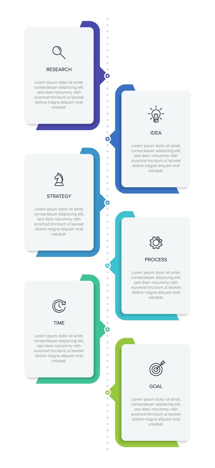 Design infográfico vertical com ícones e 6 opções ou etapas