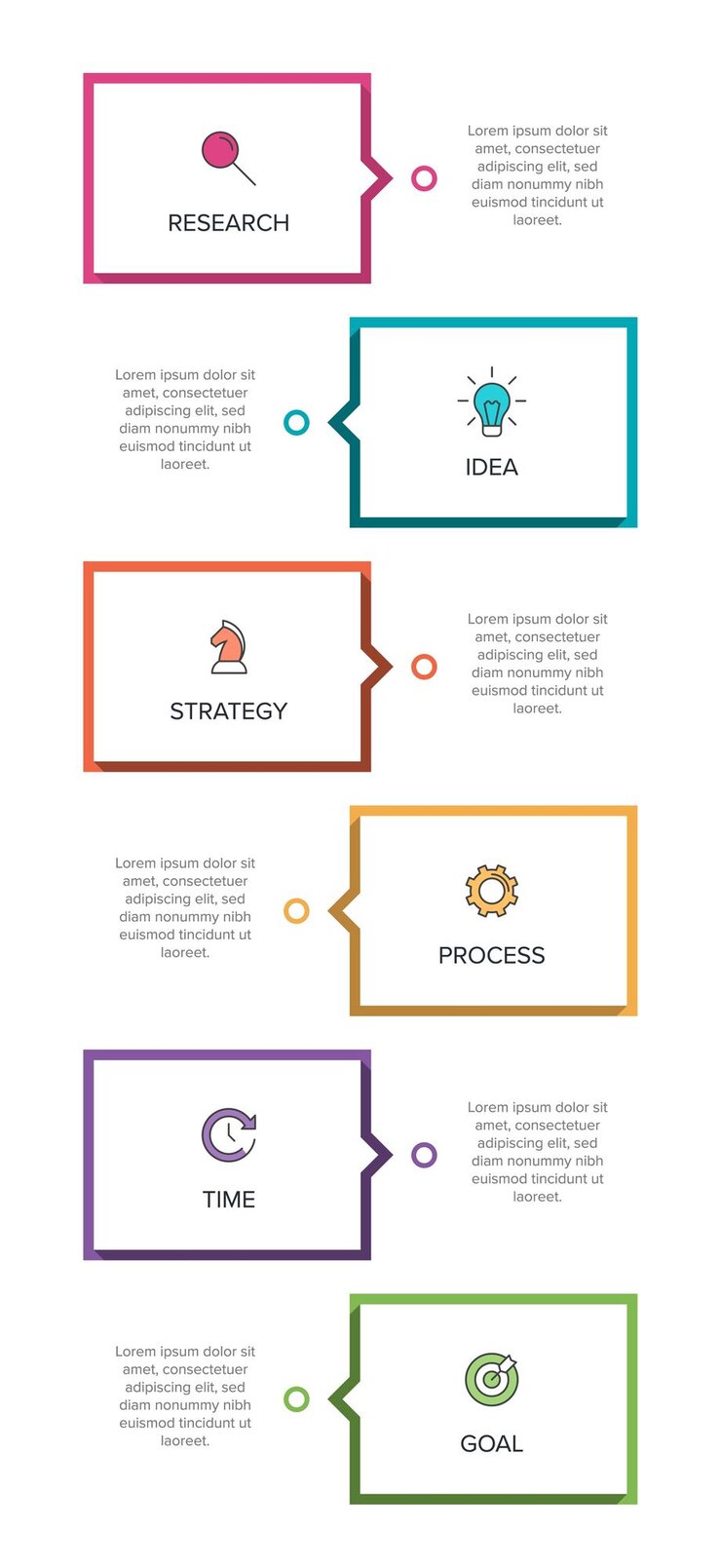 Design infográfico vertical com ícones e 6 opções ou etapas