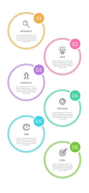 Design infográfico vertical com ícones e 6 opções ou etapas