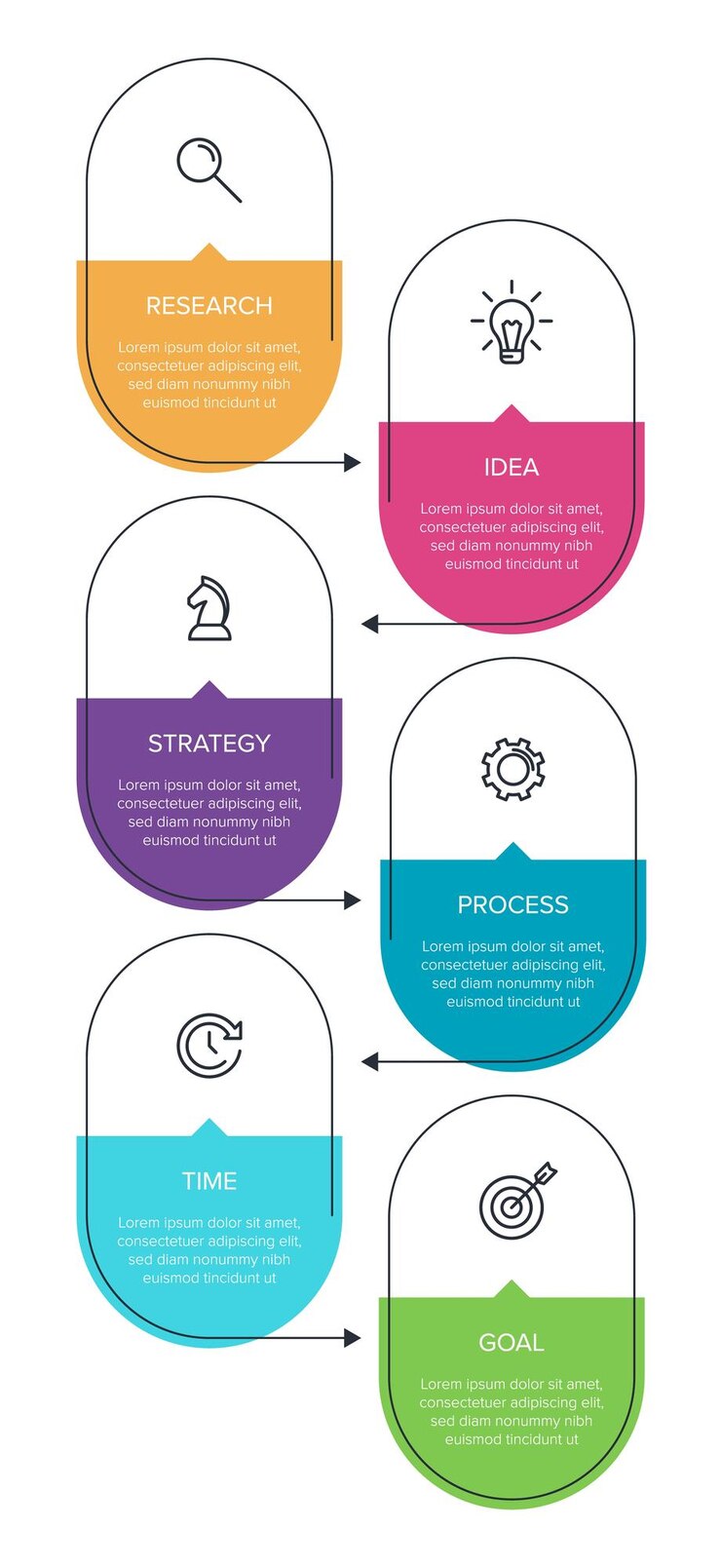 Design infográfico vertical com ícones e 6 opções ou etapas