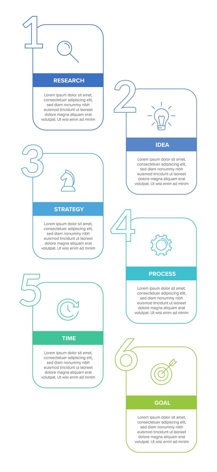 Design infográfico vertical com ícones e 6 opções ou etapas