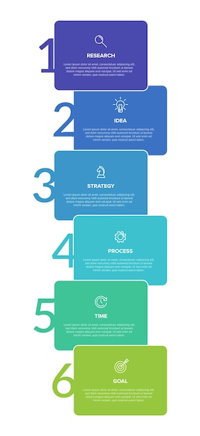 Design infográfico vertical com ícones e 6 opções ou etapas