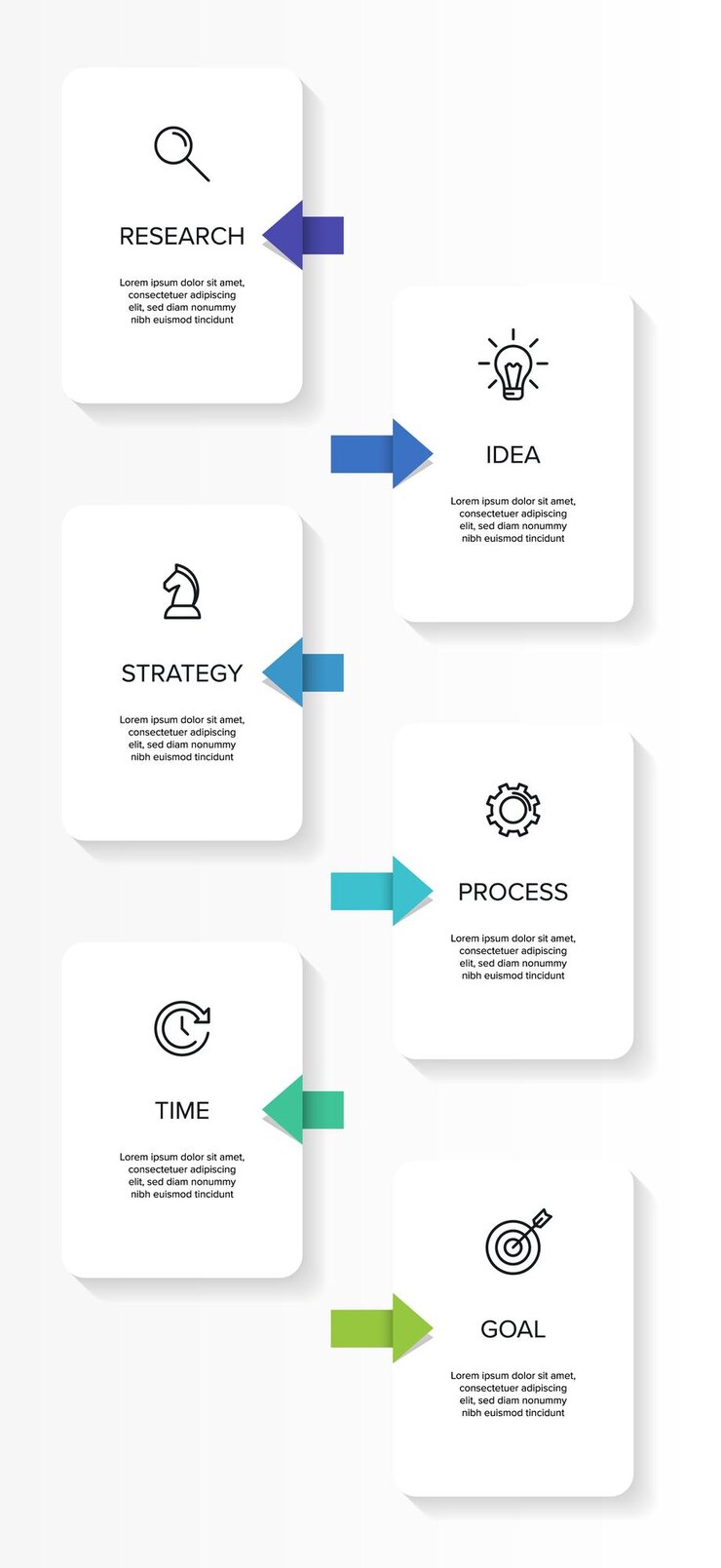 Design infográfico vertical com ícones e 6 opções ou etapas