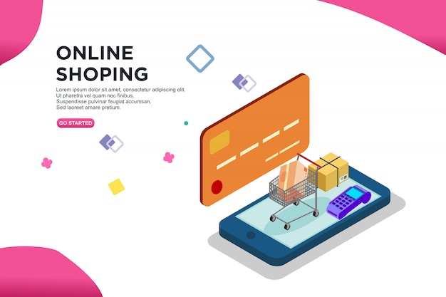 Design isométrico de compras on-line de smartphone