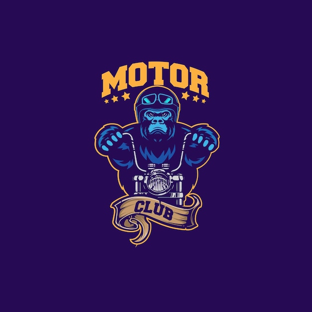 Design logotipo clube de motocicleta vintage com ilustração vetorial de cabeça de gorila