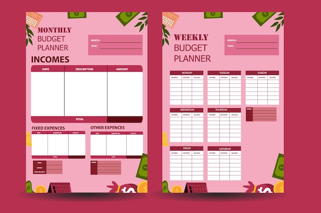 Design modelos de páginas do planejador de vetores. planejador diário, semanal, mensal, projeto, orçamento e refeição