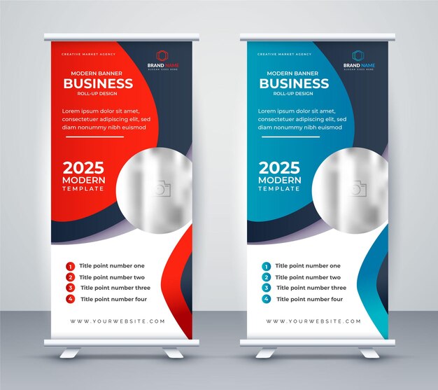 Design moderno de banner de standee rollup azul e vermelho