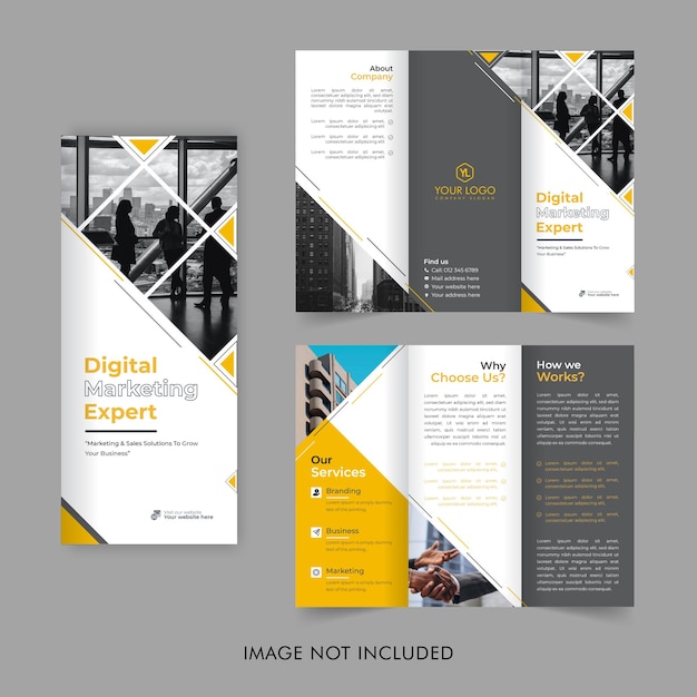 Design moderno de brochura com três dobras, brochura de negócios corporativos de marketing digital, folheto ou folheto