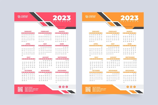 Design moderno de calendário 2023 com cores vermelhas e amarelas organizador de escritório e decoração de calendário de parede com formas digitais vetor de modelo de calendário anual da empresa de negócios a semana começa no domingo