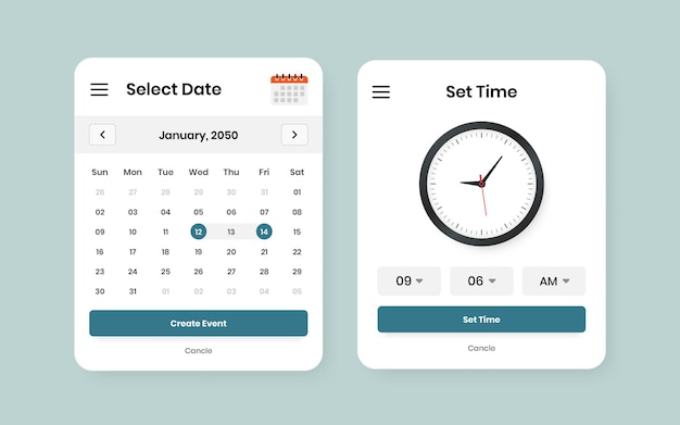 Design moderno de kit de UI de seleção de data e hora para aplicativos móveis e da Web