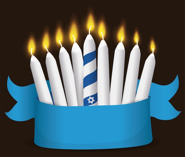 Design para hanukkah com nove velas acesas atrás de uma fita azul vazia sobre fundo escuro