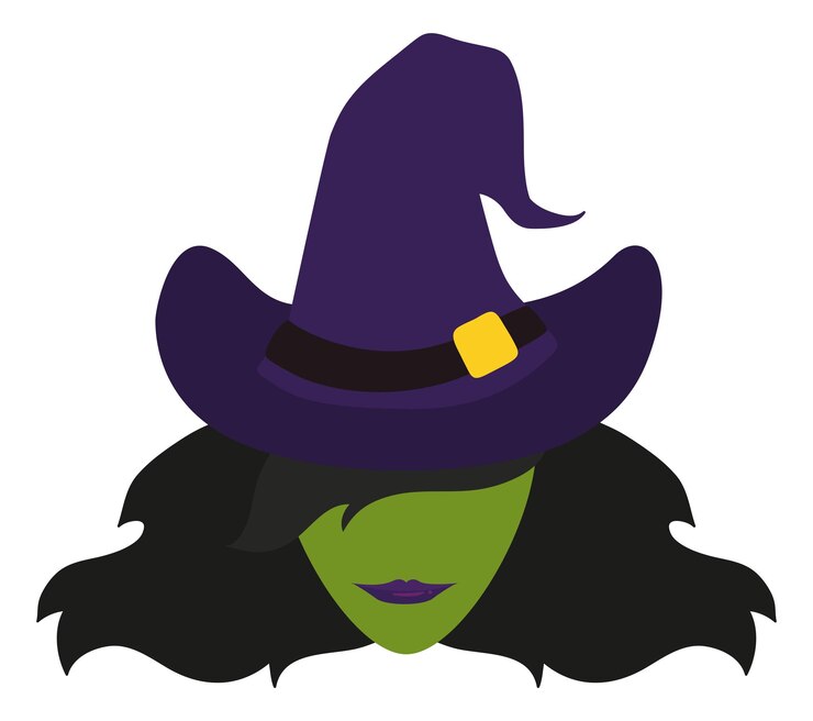 Vetor design plano com bruxa de pele verde com cabelos longos, lábios sensuais e chapéu roxo pontudo