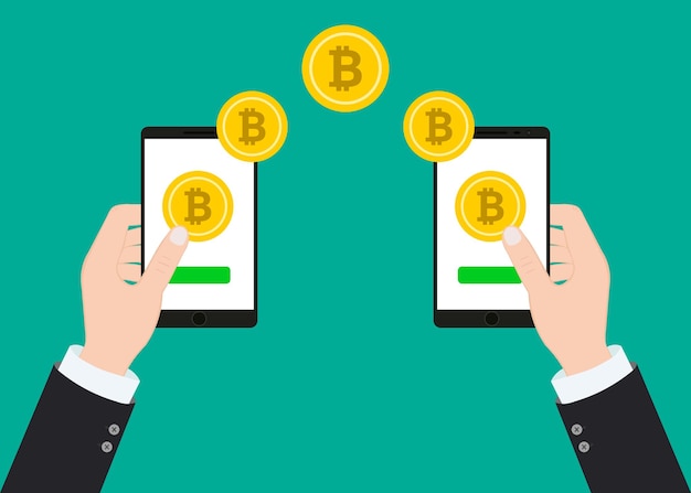 Design plano com smartphones de mãos humanas e arquivo vetorial Eps 10 de bitcoins dourados