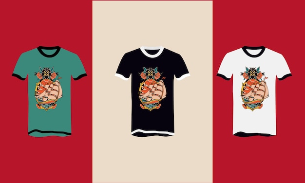 design plano de camiseta com vetor de navio e flores