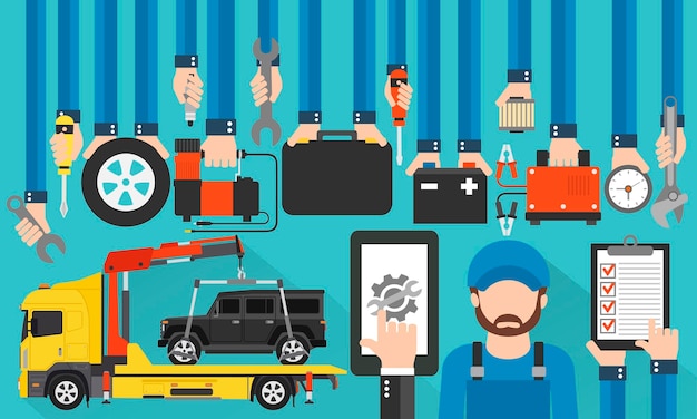 Design plano de chamada on-line de serviço de carro com ilustração vetorial de demolidor e mecânico