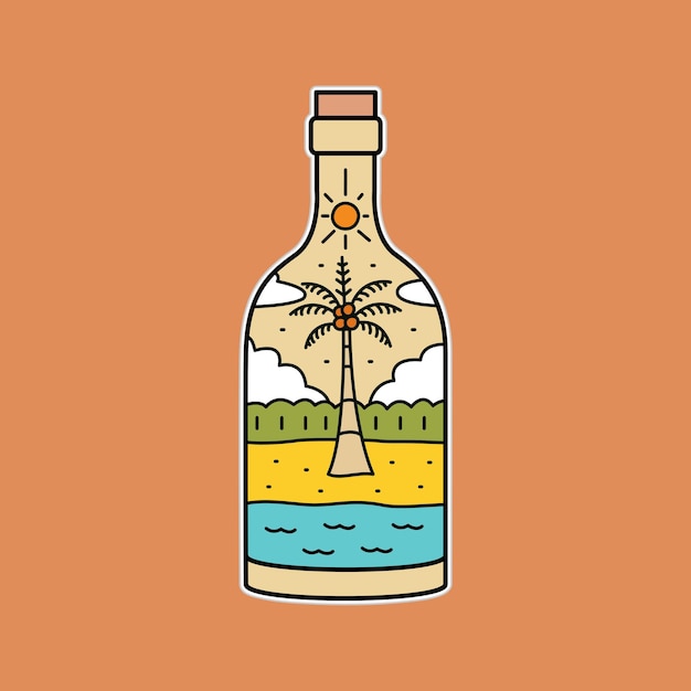 Design plano de coco de praia de verão e onda em forma de garrafa para emblema de emblema de remendo design de camiseta de arte vetorial gráfica