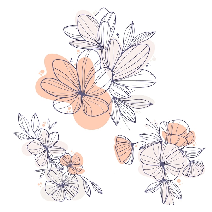 Vetor design plano de folhas e flores lineares