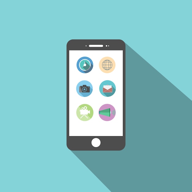 Design plano de smartphone ícone com apps na tela.