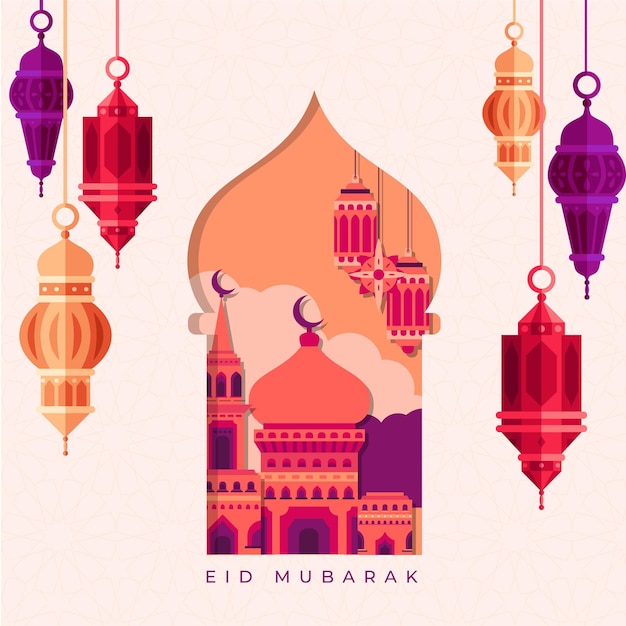 Design plano eid mubarak com lanternas e mesquita