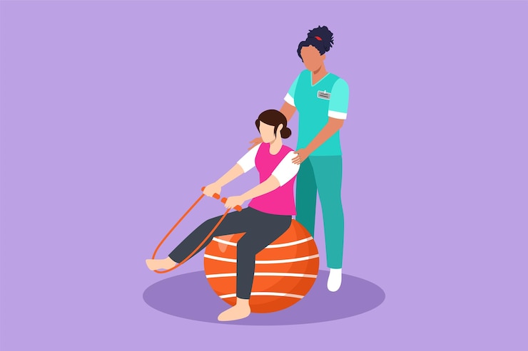 Vetor design plano gráfico desenho composição isométrica de reabilitação de fisioterapia com especialista médico ajudando jovem mulher bonita paciente a massagear perna com corda ilustração vetorial estilo desenho animado