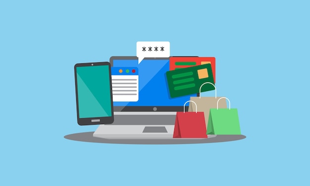 Design plano vetorial de telefone móvel de compras on-line e cartão de crédito de laptop e marketing de bolsa e conceito de negócios