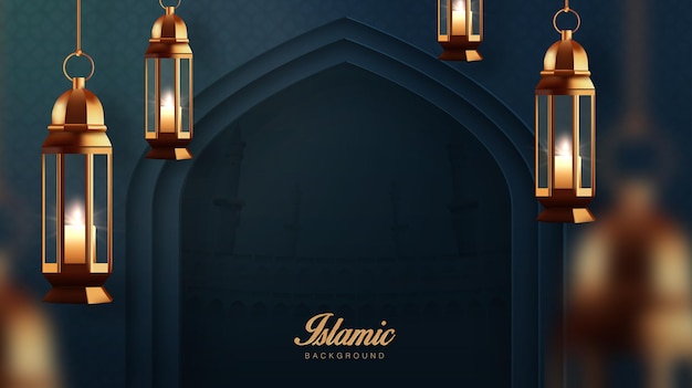 Design realista de banner de feriado ramadan kareem com lâmpada dourada 3d pendurada ao lado da porta da mesquita