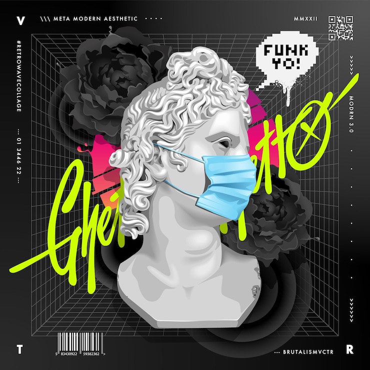 Vetor design retrowave com estátua em máscara