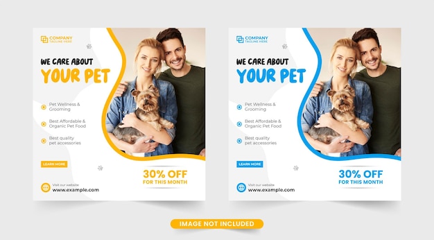 Design simples de banner da web de serviço de cuidados com animais de estimação com formas abstratas modelo de anúncio de negócios de cuidados com animais de estimação moderno com cores amarelas e azuis vetor de modelo de loja de cuidados com animais e cuidados de saúde