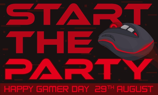 Design vermelho com mouse brilhante convidando você a comemorar com festa e videogames para o gamer day