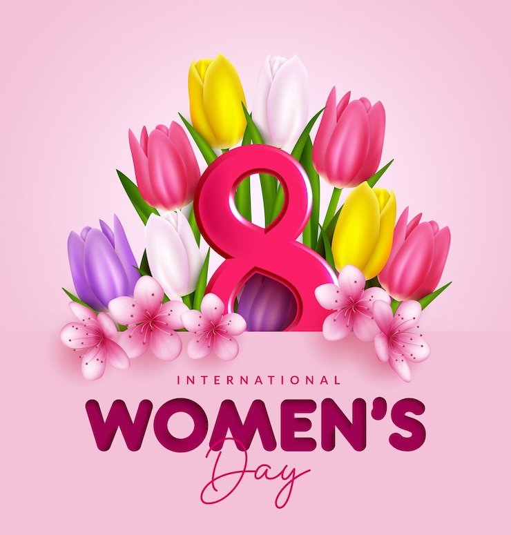 Vetor design vetorial 3d do dia das mulheres texto de saudação do dia das mulheres com flores de tulipas e decoração 3d oito