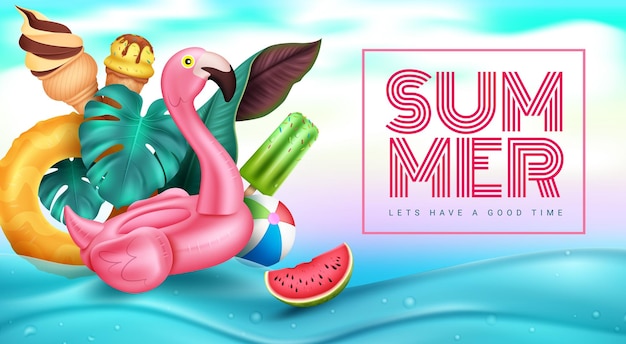 Design vetorial de férias de verão Texto de verão na água do mar com elementos tropicais flutuantes para relaxar