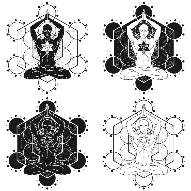 Design vetorial de homem meditando com fundo de metatron