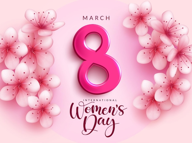 Design vetorial de saudação do dia das mulheres 8 de março 3d Texto do dia internacional das mulheres com flor de cerejeira