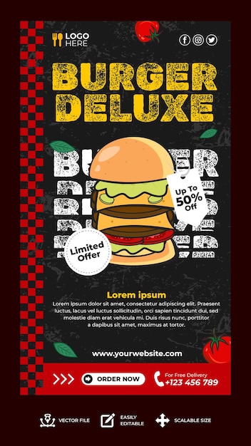 Vetor design vetorial hambúrguer de luxo banner de mídia social e modelo de histórias