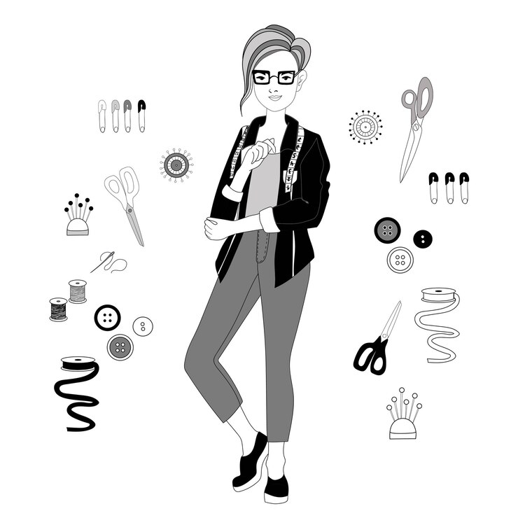 Vetor designer de moda feminina com conjunto de ferramentas para corte de cabelo curto para imagem vetorial de costureira em estilo doodle