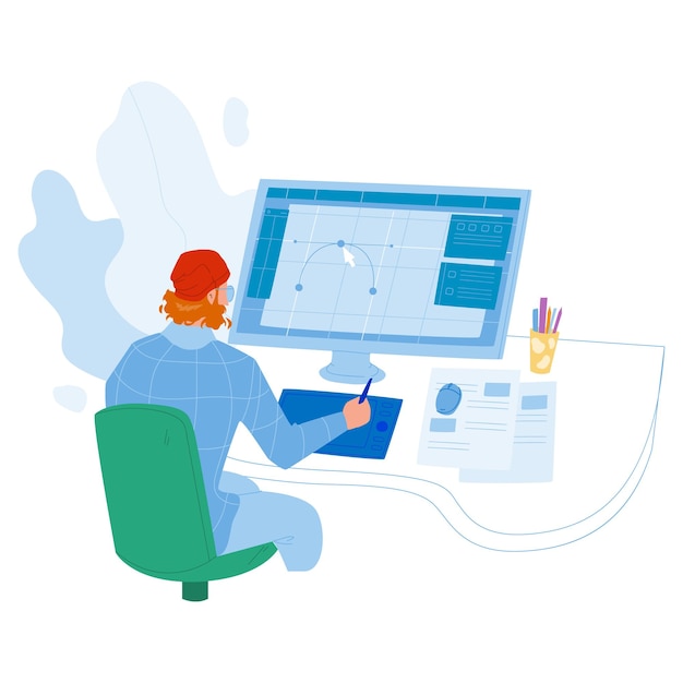 Designer, trabalhando em um novo projeto em vetor de computador. O homem de designer gráfico trabalha na área de trabalho, desenhando um esboço de design criativo. Personagem Criatividade Ideia Ocupação Ilustração plana dos desenhos animados