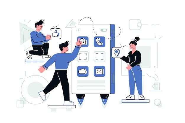 Designers criando ilustração vetorial de aplicativo de internet Equipe de desenvolvimento em pé no smartphone grande e projetando aplicativo da web Etapas da criação do site para rede social