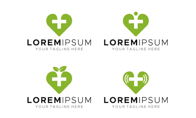 Designs de logotipo médico de coração e plus