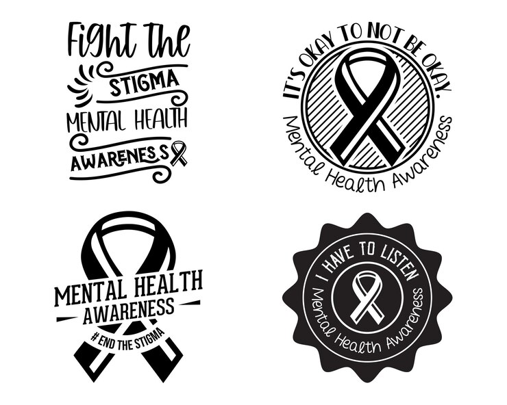 Vetor designs de tipografia de conscientização sobre saúde mental com fitas e slogans motivacionais