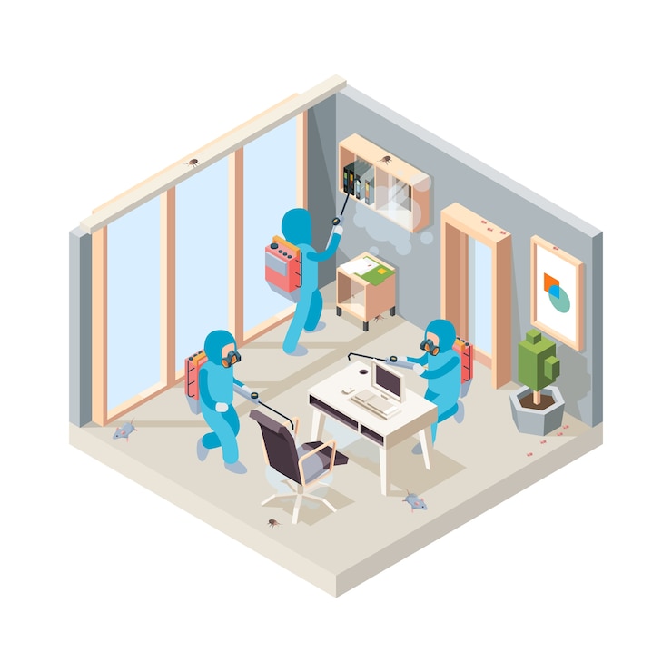 Vetor desinfecção de escritórios. serviço de limpeza de veneno de pragas trabalhando em insetos de quarto controlando o conceito isométrico. ilustração da sala de desinfecção de escritório, controle de trabalho profissional e prevenção