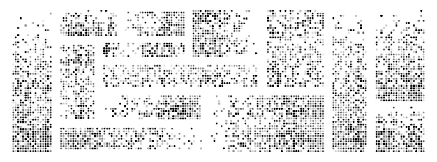 Vetor desintegração de pixel de fundo com transparência aleatória de elementos redondos padrão pontilhado espalhado efeito de desintegração configure texturas de mosaico de pixel com partículas redondas simples vector em fundo branco