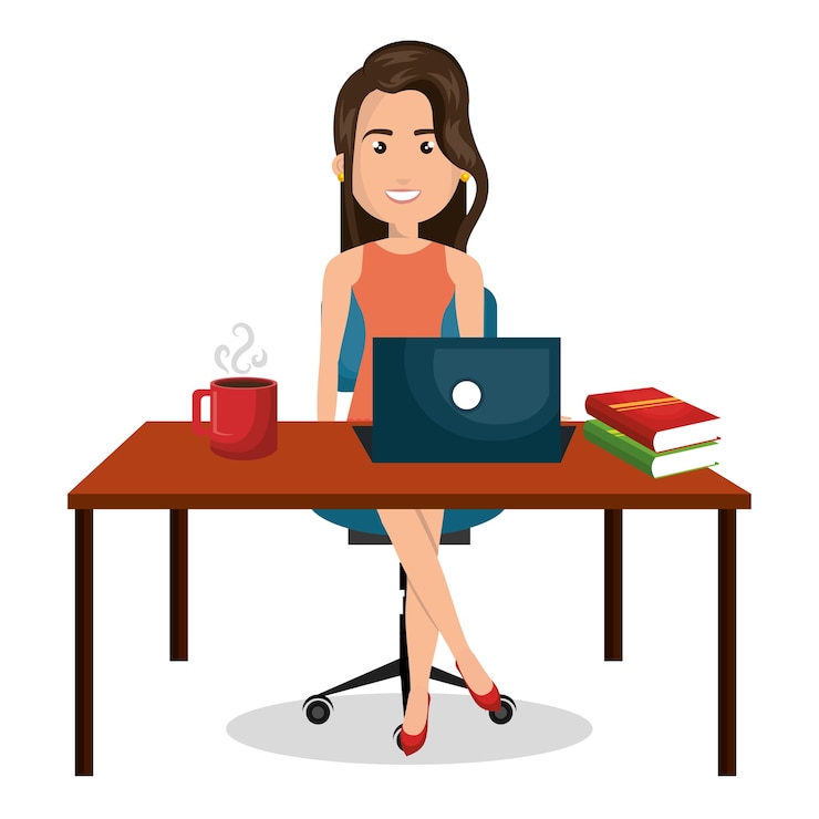 Vetor desktop de trabalho de escritório de empresária de desenhos animados
