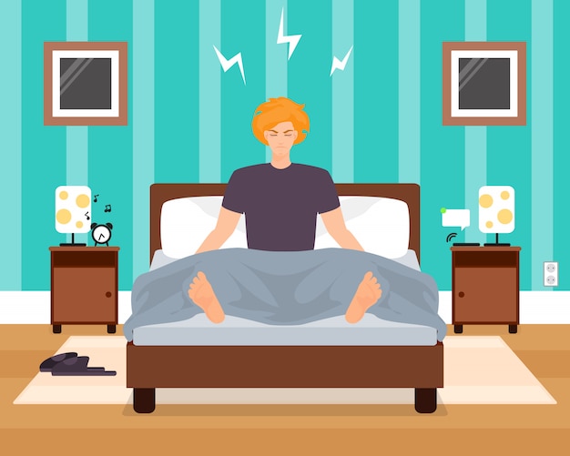 Despertando na ilustração do vetor do homem novo mau do humor. Menino que escuta o despertador ao sentar-se na cama com os olhos fechados. Interior do quarto. Design de estilo simples.