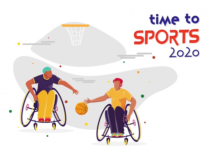 Vetor desportistas deficientes que jogam o basquetebol e a aro no fundo branco para o tempo aos esportes 2020.
