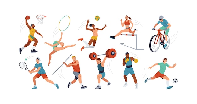 Desportistas realizando disciplinas set de ícones vetoriais de cores