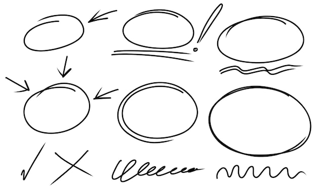 Vetor destaque molduras de marcadores ovais setas sublinha linhas conjunto de círculos de rabiscos desenhados à mão oval