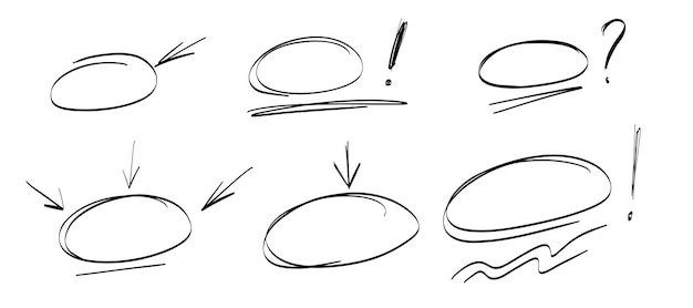 Destaque quadros de marcadores ovais, setas, linhas sublinhadas definidas. conjunto de círculo de rabisco desenhado à mão.