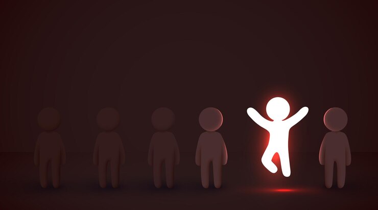 Vetor destaque-se da multidão um homem de luz brilhante pulando de braços abertos entre outras pessoas inovação de liderança ótima ideia e conceitos de individualidade