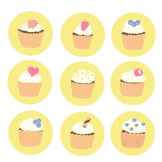 Destaques de cupcakes definem ilustração vetorial desenhando rabiscos coloridos