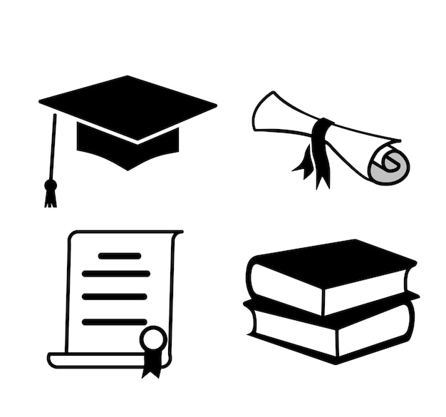 Destaques de formatura blach e logotipo branco chapéu de formatura diploma livros imagens vetoriais